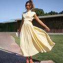 Women's Ruched Midi Dress – Mock Neck Cutout Waist Sleeveless Summer Party Dress