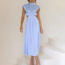 Women's Ruched Midi Dress – Mock Neck Cutout Waist Sleeveless Summer Party Dress