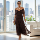 Women's Ruched Off Shoulder Midi Dress – Twisted Wrap Bodice Formal Gown