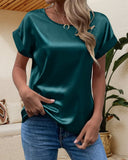 Women's Satin Blouse – Round Neck Short Sleeve Solid Relaxed Fit Summer Top