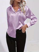 Women's Satin Button Down Blouse – Long Sleeve Collared Work Office Top