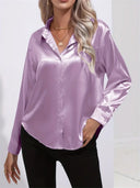 Women's Satin Button Down Blouse – Long Sleeve Collared Work Office Top