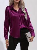 Women's Satin Button Down Blouse – Long Sleeve Collared Work Office Top