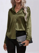 Women's Satin Button Down Blouse – Long Sleeve Collared Work Office Top