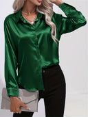 Women's Satin Button Down Blouse – Long Sleeve Collared Work Office Top