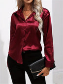 Women's Satin Button Down Blouse – Long Sleeve Collared Work Office Top