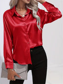 Women's Satin Button Down Blouse – Long Sleeve Collared Work Office Top