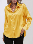 Women's Satin Button Down Blouse – Long Sleeve Collared Work Office Top