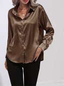 Women's Satin Button Down Blouse – Long Sleeve Collared Work Office Top