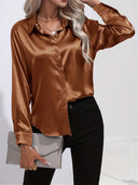 Women's Satin Button Down Blouse – Long Sleeve Collared Work Office Top