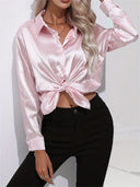Women's Satin Button Down Blouse – Long Sleeve Collared Work Office Top