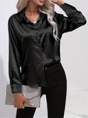 Women's Satin Button Down Blouse – Long Sleeve Collared Work Office Top