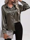 Women's Satin Button Down Blouse – Long Sleeve Collared Work Office Top