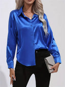 Women's Satin Button Down Blouse – Long Sleeve Collared Work Office Top
