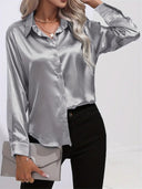 Women's Satin Button Down Blouse – Long Sleeve Collared Work Office Top