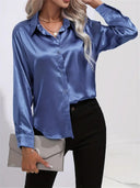 Women's Satin Button Down Blouse – Long Sleeve Collared Work Office Top
