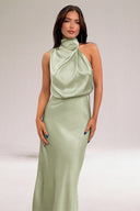 Women's Satin Maxi – Halter High Neck Draped Sleeveless Wedding Formal Dress