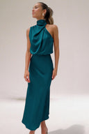 Women's Satin Maxi – Halter High Neck Draped Sleeveless Wedding Formal Dress