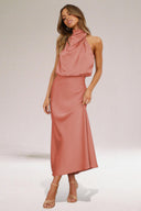 Women's Satin Maxi – Halter High Neck Draped Sleeveless Wedding Formal Dress