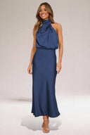 Women's Satin Maxi – Halter High Neck Draped Sleeveless Wedding Formal Dress