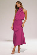 Women's Satin Maxi – Halter High Neck Draped Sleeveless Wedding Formal Dress