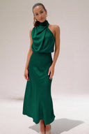 Women's Satin Maxi – Halter High Neck Draped Sleeveless Wedding Formal Dress