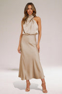 Women's Satin Maxi – Halter High Neck Draped Sleeveless Wedding Formal Dress