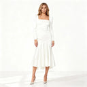 Women's Satin Midi Dress – Square Neck Puff Sleeve Ruched High Low Mermaid Gown