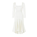 Women's Satin Midi Dress – Square Neck Puff Sleeve Ruched High Low Mermaid Gown