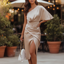 Women's Satin One Shoulder Midi Dress – Ruched Wrap Skirt Formal Gown