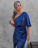 Women's Satin One Shoulder Midi Dress – Ruched Wrap Skirt Formal Gown
