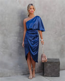 Women's Satin One Shoulder Midi Dress – Ruched Wrap Skirt Formal Gown