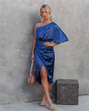 Women's Satin One Shoulder Midi Dress – Ruched Wrap Skirt Formal Gown