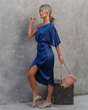 Women's Satin One Shoulder Midi Dress – Ruched Wrap Skirt Formal Gown