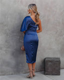 Women's Satin One Shoulder Midi Dress – Ruched Wrap Skirt Formal Gown