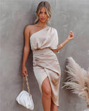 Women's Satin One Shoulder Midi Dress – Ruched Wrap Skirt Formal Gown