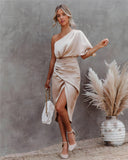 Women's Satin One Shoulder Midi Dress – Ruched Wrap Skirt Formal Gown