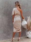 Women's Satin One Shoulder Midi Dress – Ruched Wrap Skirt Formal Gown