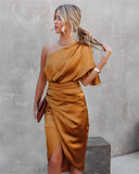 Women's Satin One Shoulder Midi Dress – Ruched Wrap Skirt Formal Gown