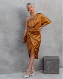 Women's Satin One Shoulder Midi Dress – Ruched Wrap Skirt Formal Gown