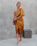 Women's Satin One Shoulder Midi Dress – Ruched Wrap Skirt Formal Gown