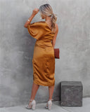 Women's Satin One Shoulder Midi Dress – Ruched Wrap Skirt Formal Gown