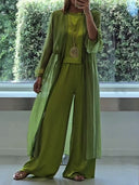 Women's Satin Three Piece Set – Crew Neck Tank Top Wide Leg Pants Longline Cardigan