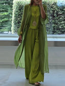 Women's Satin Three Piece Set – Crew Neck Tank Top Wide Leg Pants Longline Cardigan