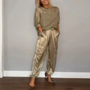 Women's Satin Two Piece Set – Round Neck Top Utility Pocket Pants Casual Outfit