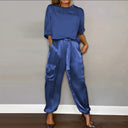 Women's Satin Two Piece Set – Round Neck Top Utility Pocket Pants Casual Outfit
