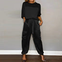 Women's Satin Two Piece Set – Round Neck Top Utility Pocket Pants Casual Outfit