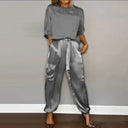 Women's Satin Two Piece Set – Round Neck Top Utility Pocket Pants Casual Outfit