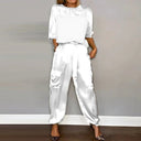 Women's Satin Two Piece Set – Round Neck Top Utility Pocket Pants Casual Outfit