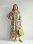 Women's Scatter Floral Print Maxi – V Neck 3/4 Sleeve Gathered Waist A-Line Casual Dress